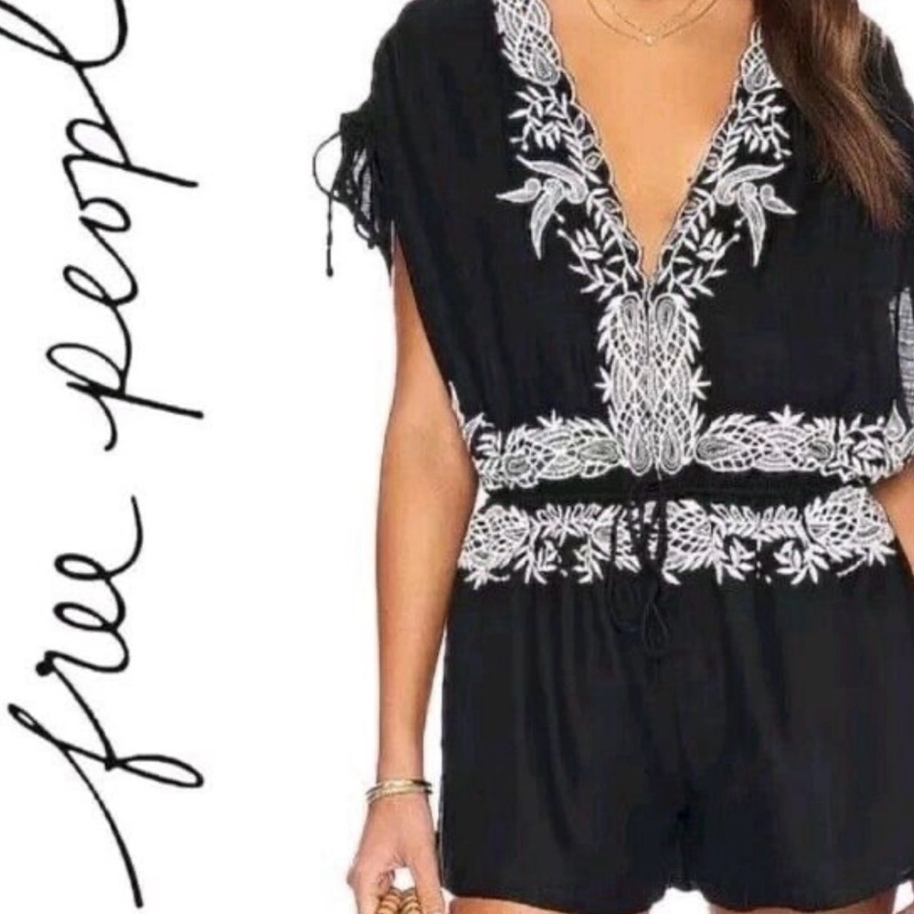 Free People New Small Weila Boho Romper Black Embroidered‎ Drawstring Waist